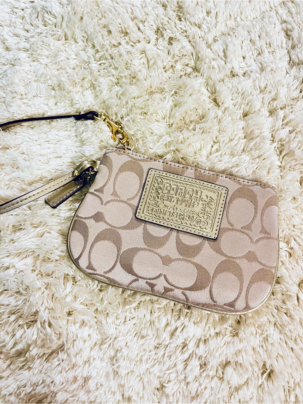 New WOT! Coach Neutral Signature Mini Wristlet with Gold Trim